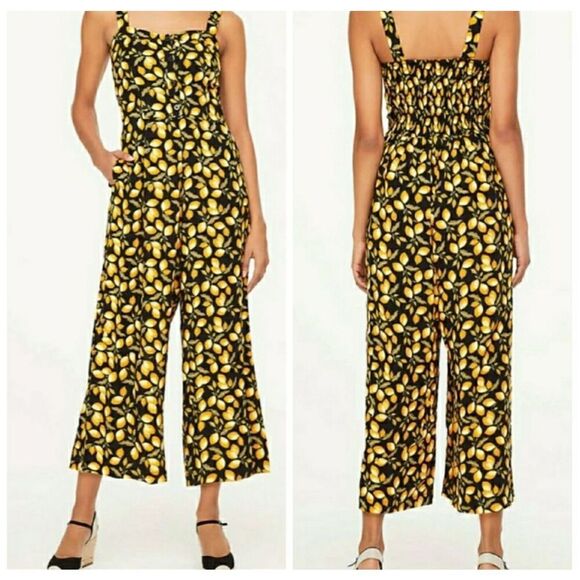 LOFT Black Yellow Lemon Print Jumpsuit Spaghetti Strap Button Up Wide Crop Leg S - Picture 1 of 10